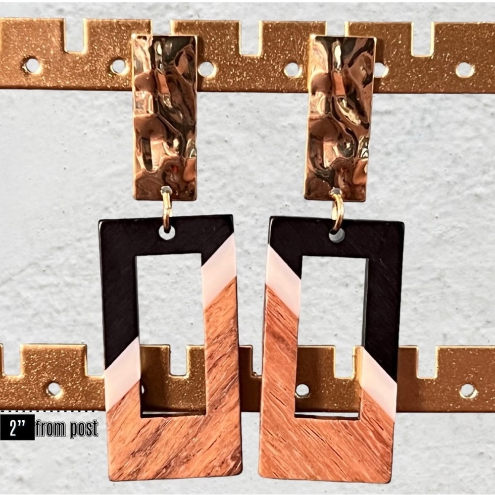 Open Rectangle Wood Color Block Earrings